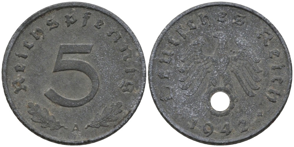 Германия 5 рейхспфеннигов 1942 A, монетный двор Берлин KM 100, J. 370 цинк 186-755