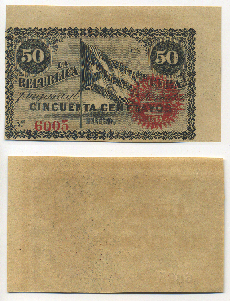 КУБА 50 СЕНТАВО 1869 РЕВОЛЮЦИЯ 1868-1876 Pick 54 бумага UNC (ПРЕСС) 448-32-4-1