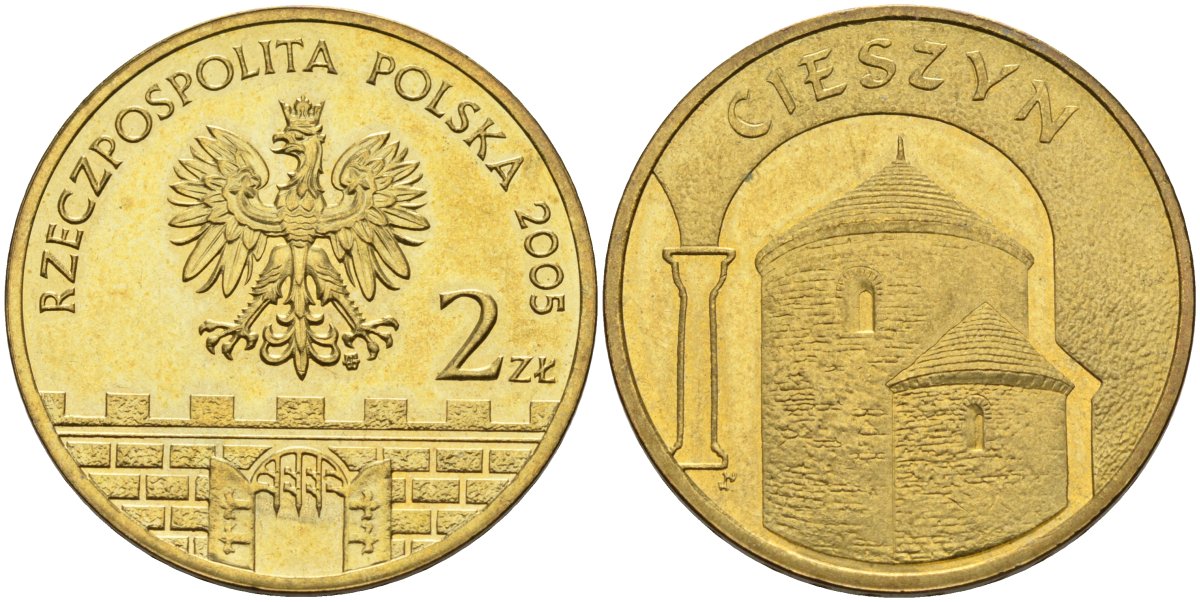 Польша 2 злотых 2005 MW, серия польские города, Цешин (Cieszyn) KM 753, Parchimowicz 962 латунь 4539-623