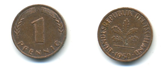 ФРГ 1 ПФЕННИГ 1950 J KM 105, J 380 сталь плакированная медью 80-757