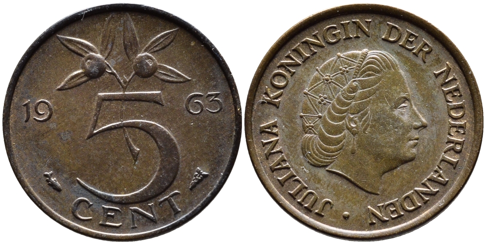 НИДЕРЛАНДЫ 5 ЦЕНТОВ 1963 ЮЛИАНА KM 181 бронза 4391-1245