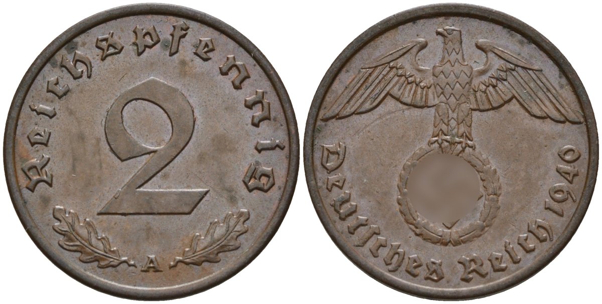 Германия 2 рейхспфеннига 1940 A KM 90, J. 362 бронза 4151-157