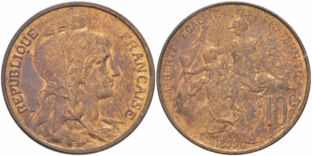 ФРАНЦИЯ 10 САНТИМОВ 1899 ТИП ДАНИЭЛЬ ДЮПЮИ KM 843, LA FRANC 136.8 бронза 109-132