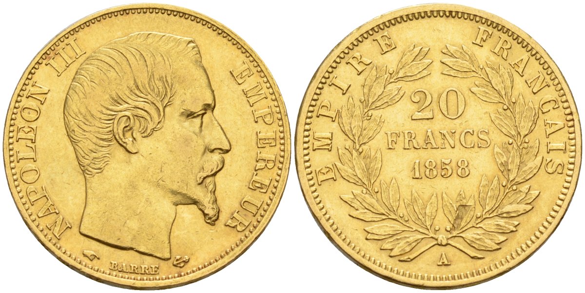 Франция 20 франков 1858 А, Наполеон III KM 781.1 золото 00-00
