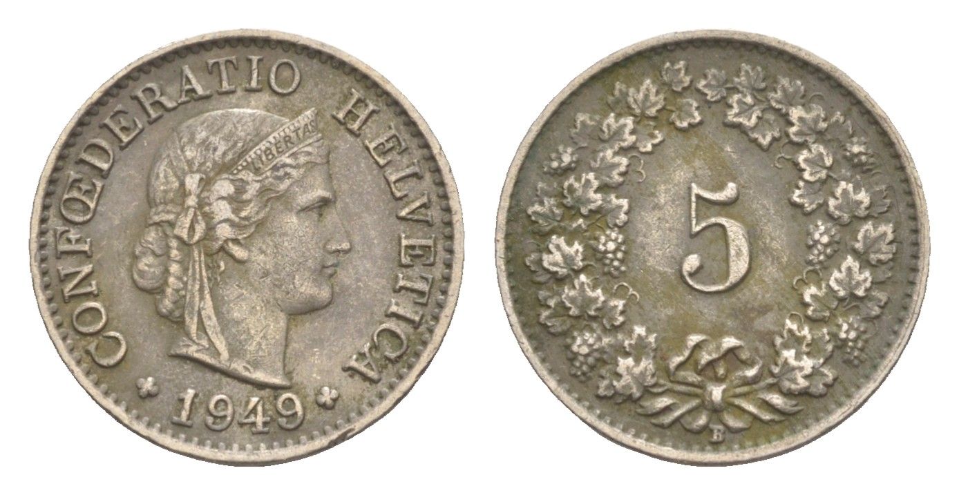 Швейцария 5 раппенов 1949 B KM 26 медно-никель 4643-332