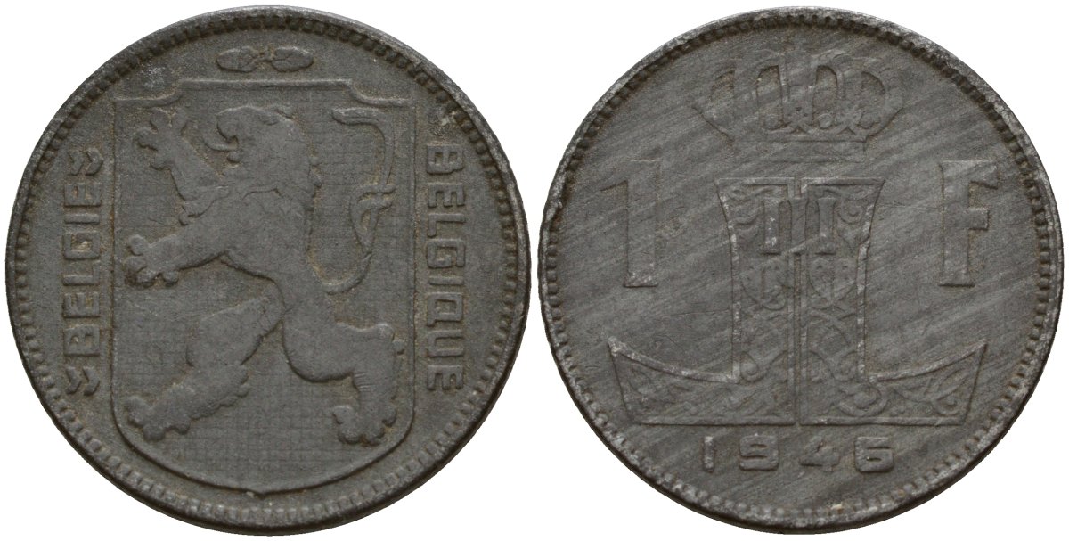 Бельгия 1 франк 1946 Belgie - Belgique, Леопольд III (1934-1947), германская оккупация, Вторая мировая война KM 128 цинк 4161-617