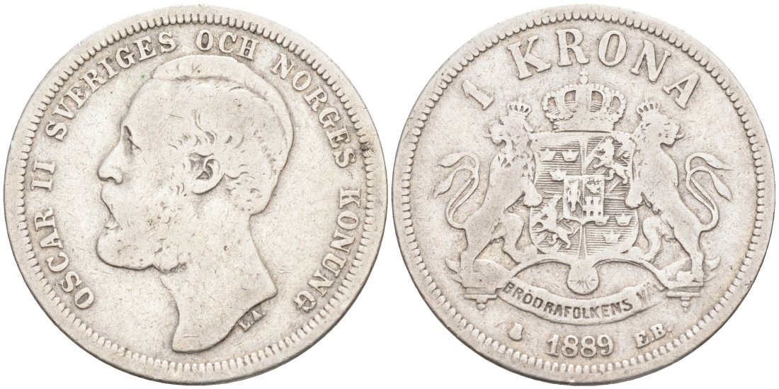 Швеция 1 крона 1889 Оскар II (1872-1907) король Швеции и Норвегии KM 747 серебро 190-843