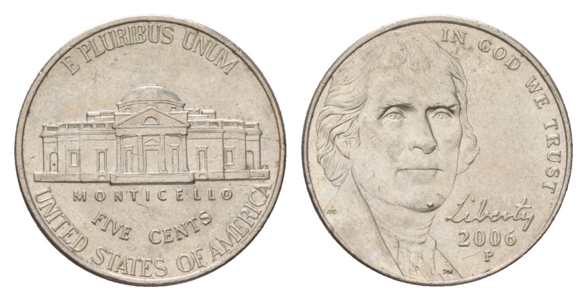 США 5 центов 2006 P, Джефферсон KM 381 медно-никель UNC 4627-1119