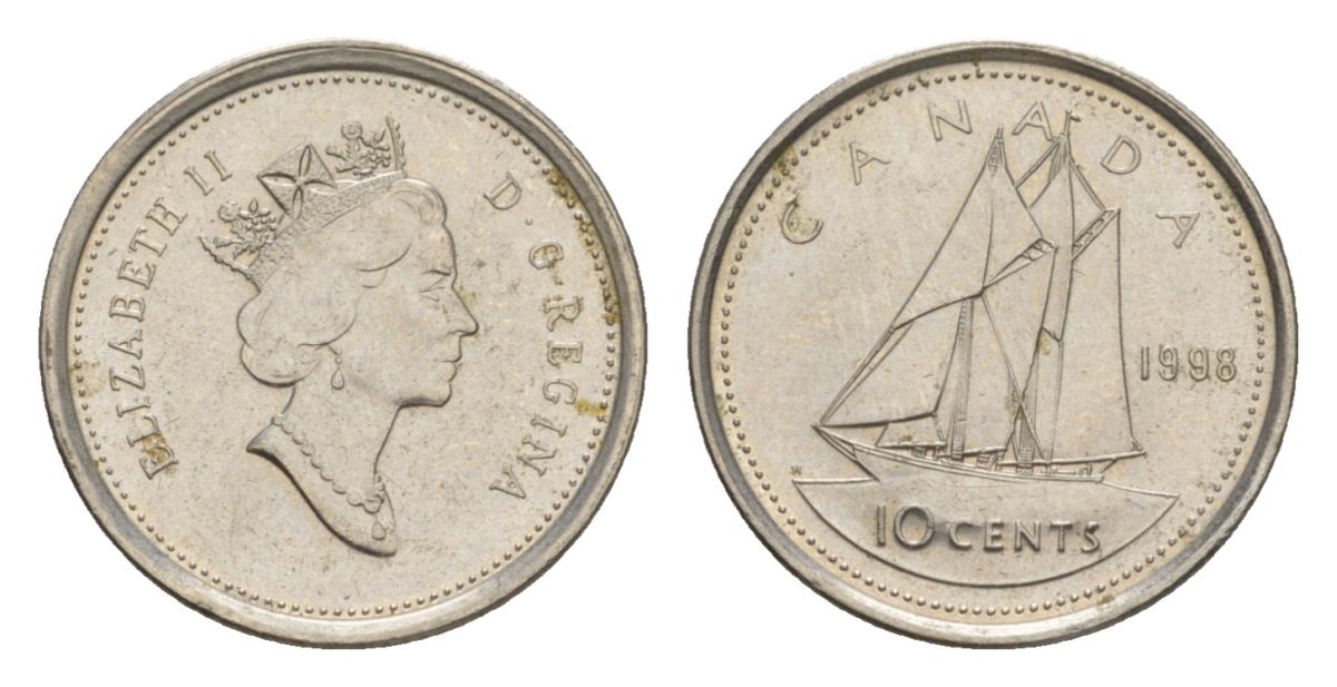 Канада 10 центов 1998 Елизавета II (1952-2022), парусник KM 183 никель 4630-848