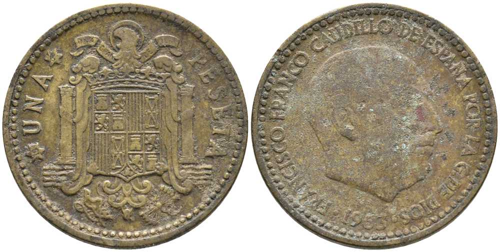 Испания 1 песета 1963 (64) Франсиско Франко (1939-1975) KM 775 алюминиевая бронза 110-1155