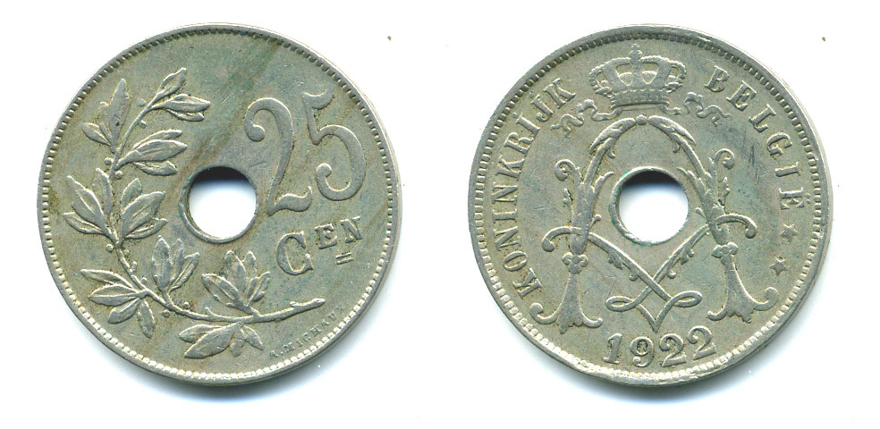 БЕЛЬГИЯ 25 САНТИМОВ 1922 BELGIE KM 69 медно-никель 4385-537