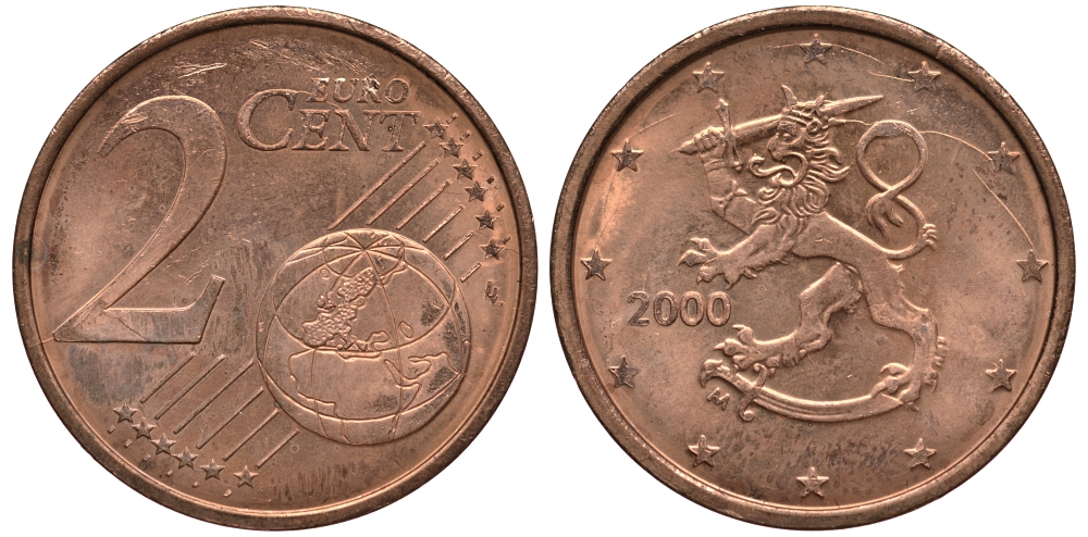 ФИНЛЯНДИЯ 2 ЕВРОЦЕНТА 2000 KM 99 сталь плакированная медью UNC 4181-441