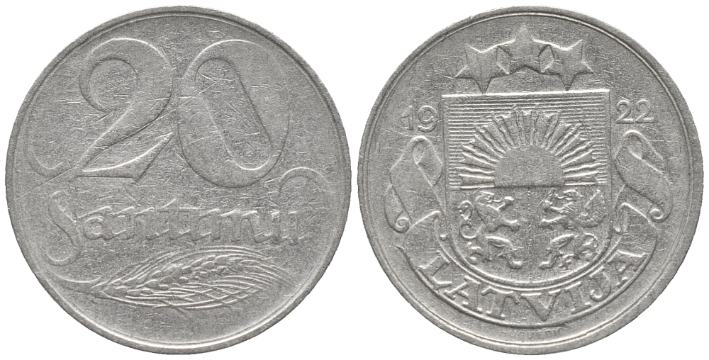 Латвия 20 сантимов 1922 первая Республика (1918-1939) KM 5 никель 28-1213