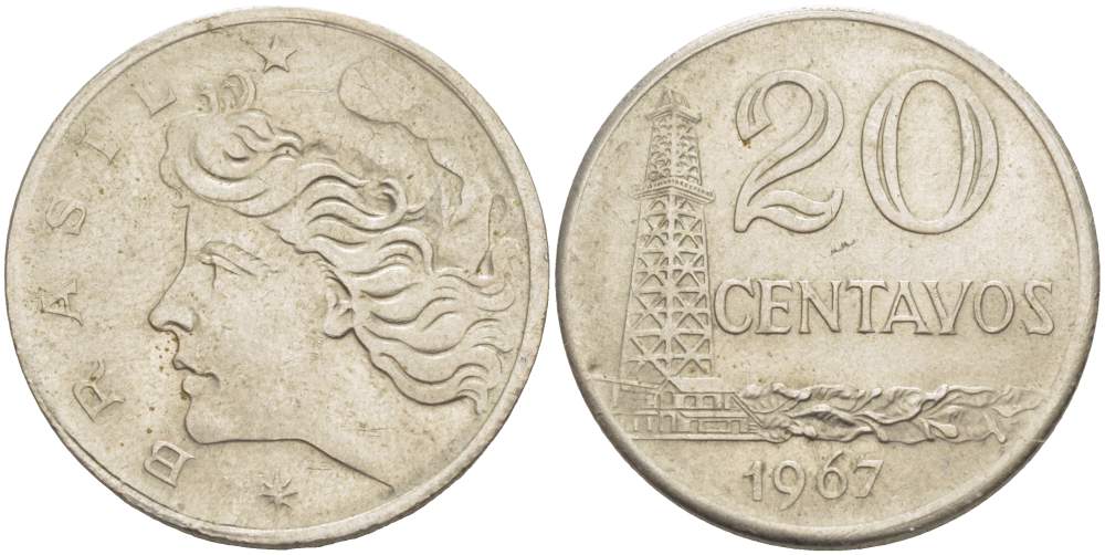 Бразилия 20 сентаво 1967 голова Свободы влево KM 579.1, Schon 84 медно-никель 4529-412