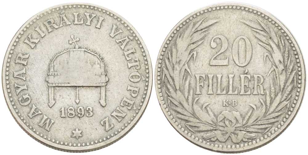 Венгрия 20 филлеров 1893 KB, Франц Иосиф I (1848-1916) KM 483 никель 117-757