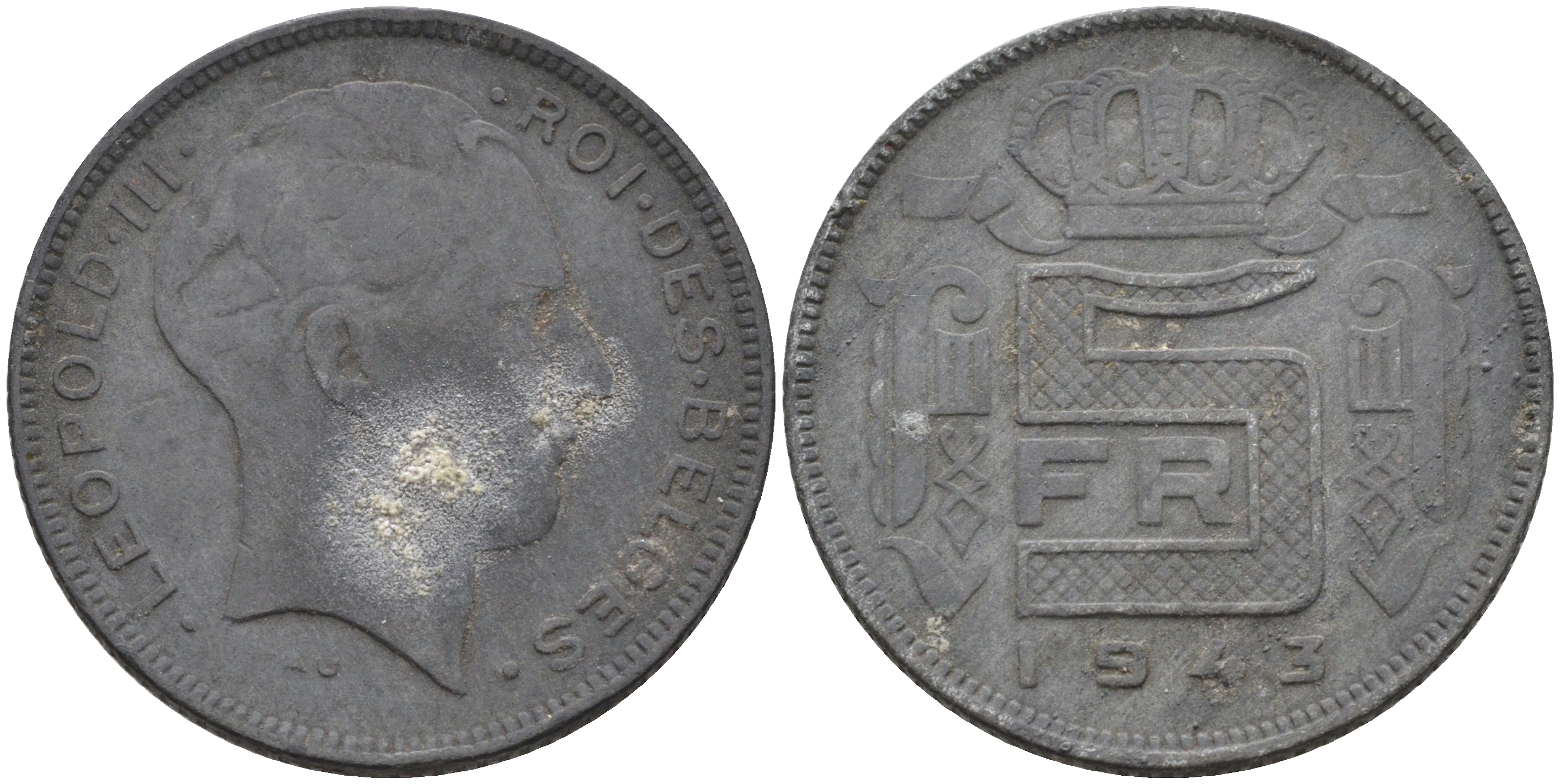 Бельгия 5 франков 1943 BELGES, немецкая оккупация KM 129.1 цинк    4592-1224