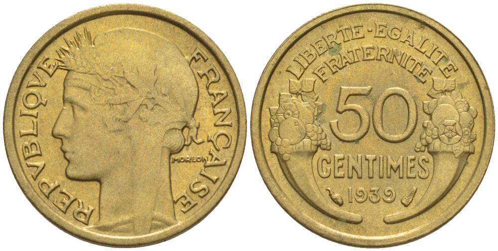 ФРАНЦИЯ 50 САНТИМОВ 1939 ТИП MORLON KM 894.1, LE FRANC 192.15 алюминиевая бронза 44-825