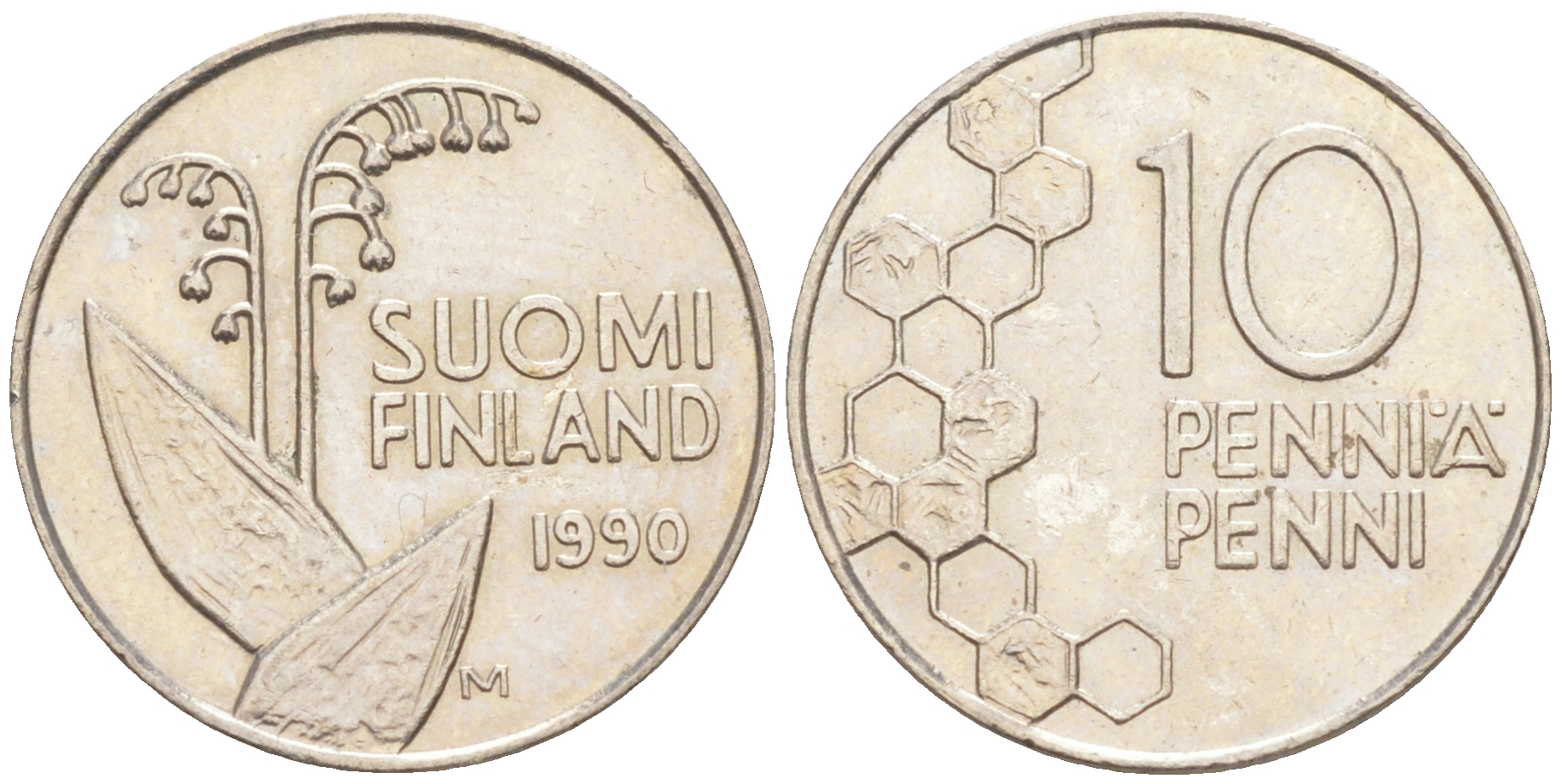 ФИНЛЯНДИЯ 10 ПЕННИ 1990 М, ЛАНДЫШ KM 65 медно-никель 4532-1062