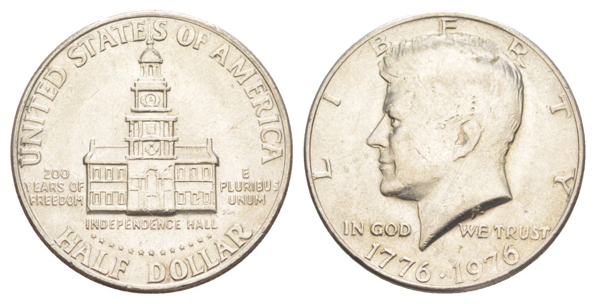 США 1/2 доллара (50 центов) 1976 200 лет независимости, Джон Кеннеди KM 205 медь плакированная медно-никелем aUNC 4545-115