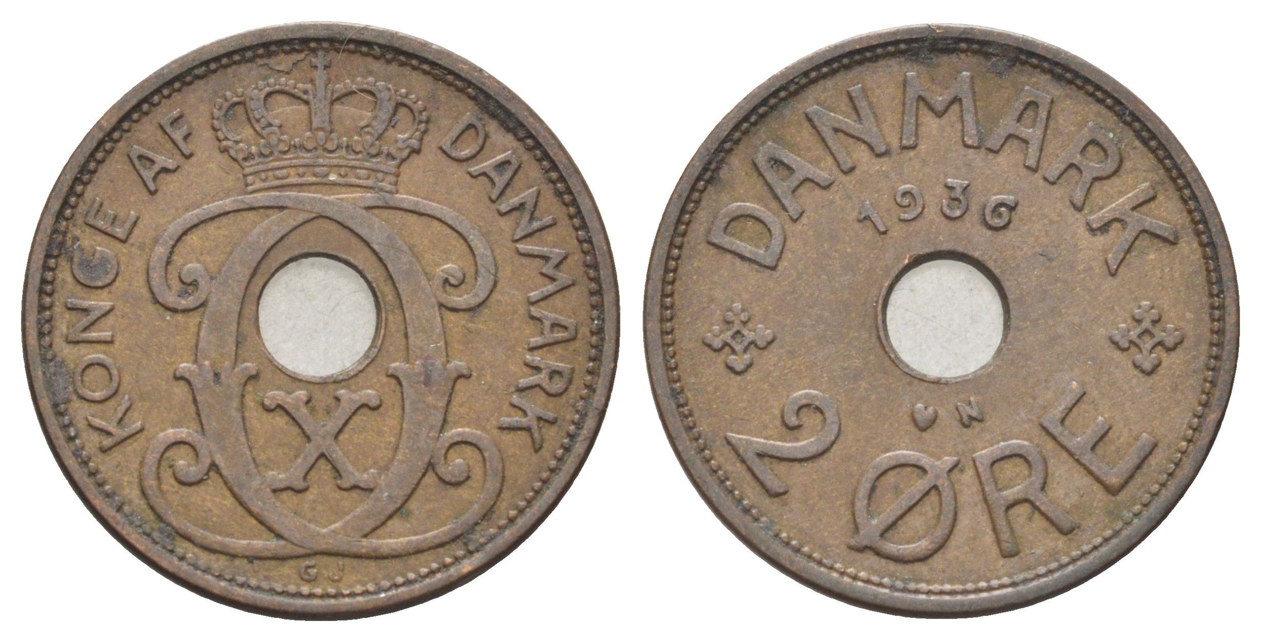 Дания 2 эре 1936 N, Кристиан X (1912-1947) KM 827 бронза 4701-827