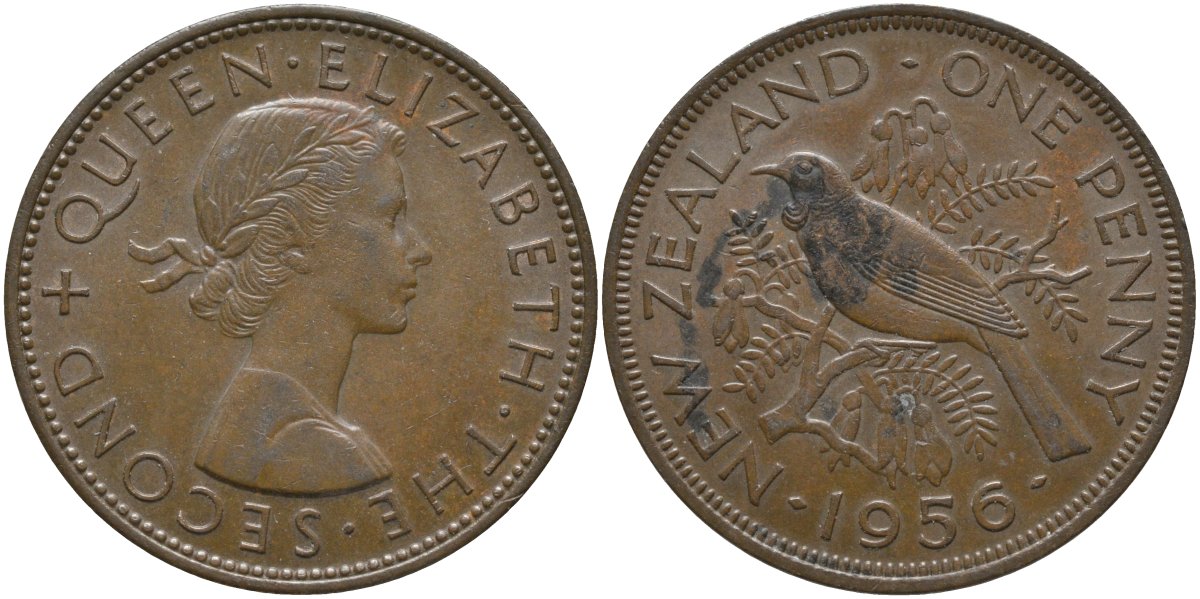 Новая Зеландия 1 пенни 1956 новозеландский туи, Елизавета II (1952-) KM 24.2 бронза 81-613