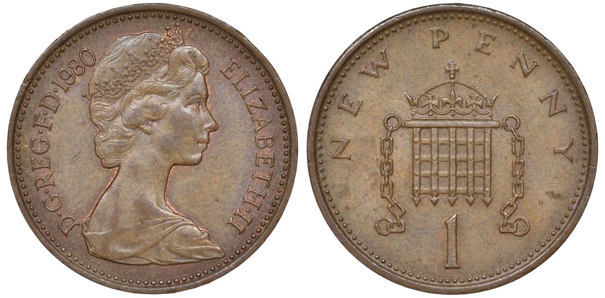 Великобритания 1 пенни 1980 Елизавета II (1952-2022) KM 915, Spink 4237 (B1) бронза 51-2412