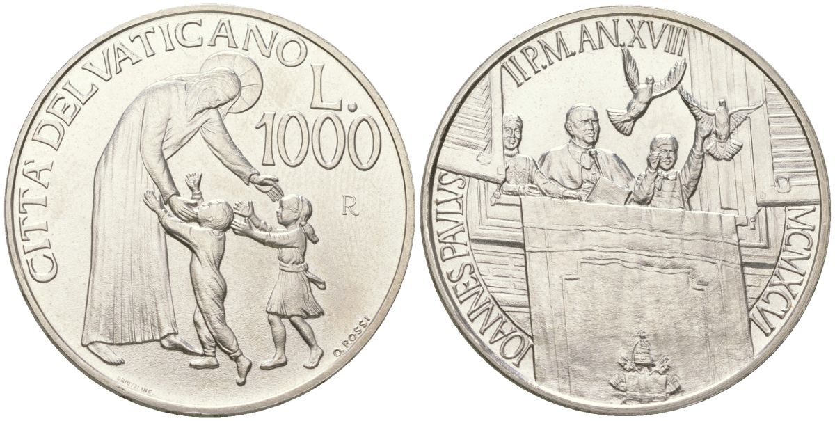 Ватикан 1000 лир 1996 Иоанн Павел II (1978-2005) KM 278 серебро UNC 1530-423