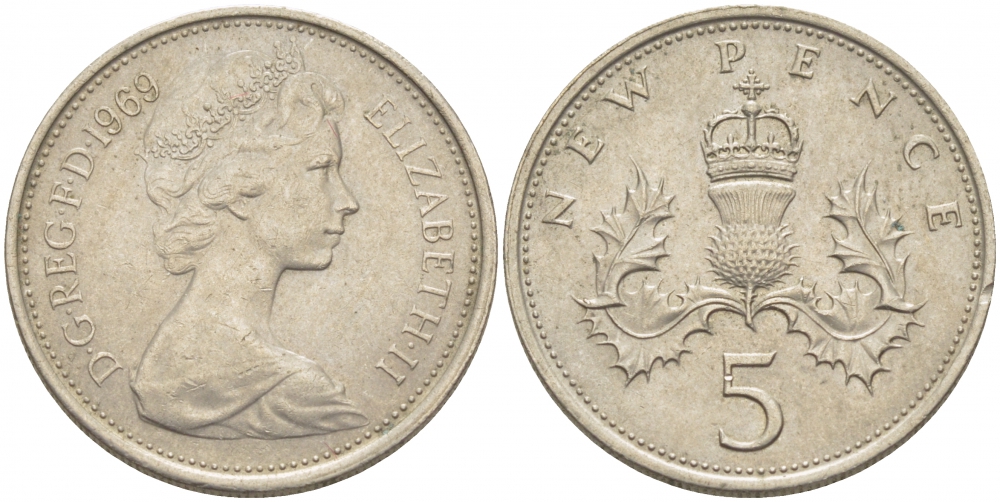 Великобритания 5 пенсов 1969 Елизавета II (1952-2022) KM 911, Spink 4233 (D1) медно-никель 175-1036