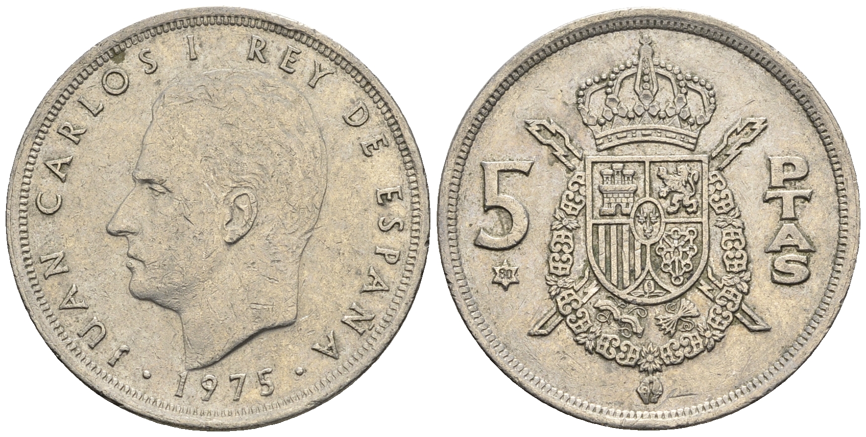 Испания 5 песет 1975 (80) Хуан Карлос I (1975-2014) KM 807 медно-никель 85-741