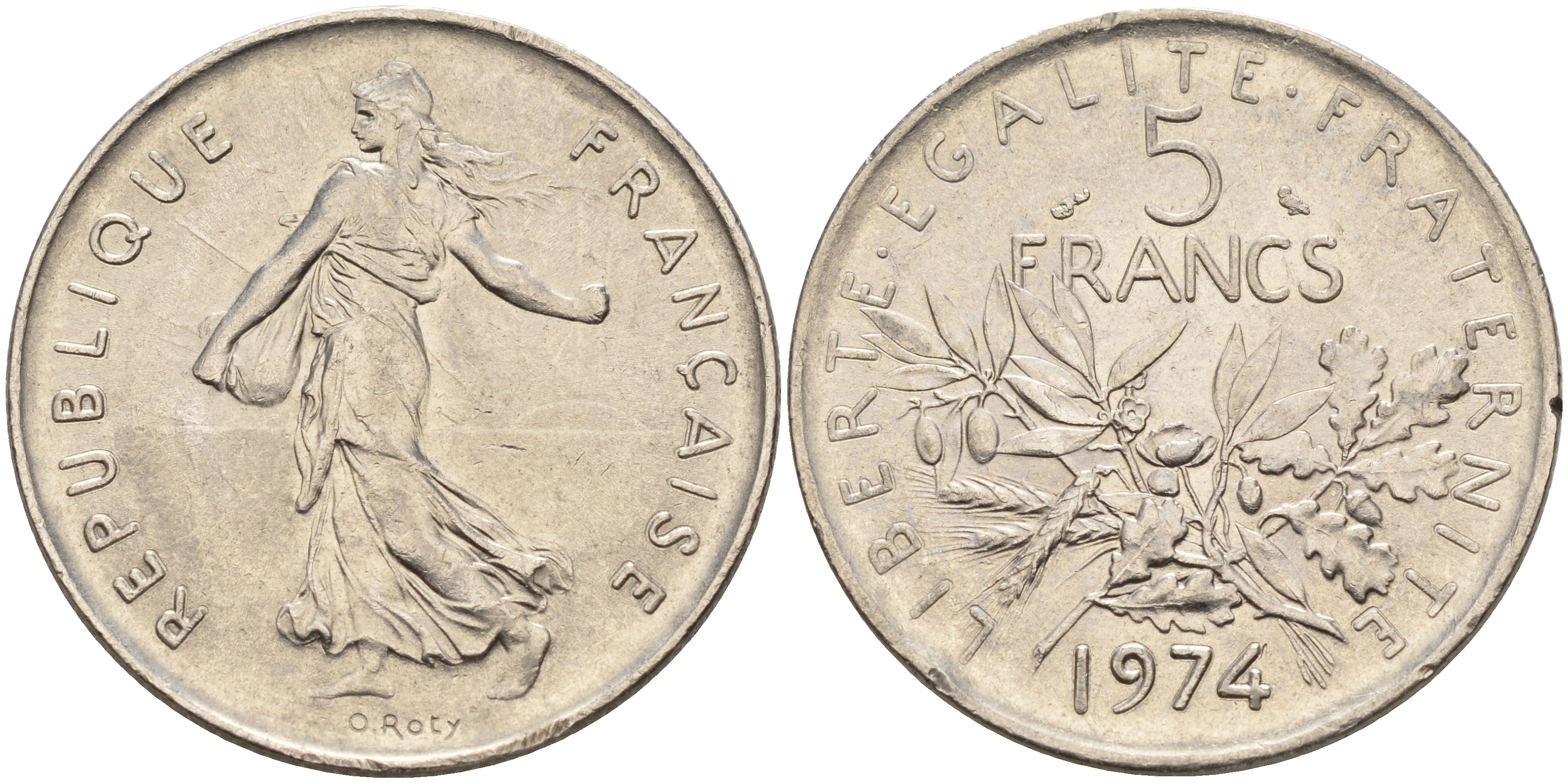 Франция 5 франков 1974 сеятель KM 926а.1 медно-никель плакированный никелем    4599-1021