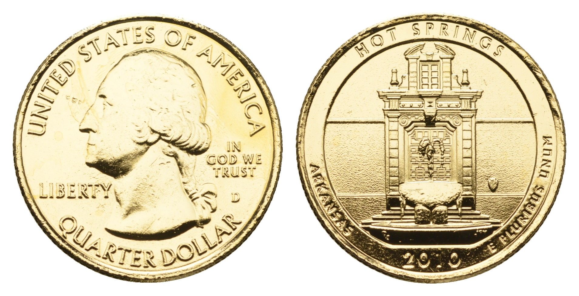 США 1/4 доллара (25 центов) 2010 Квотеры «Парки США» - Национальный парк Хот-Спрингс KM 469 медь плакированная золотом UNC 11-265-47