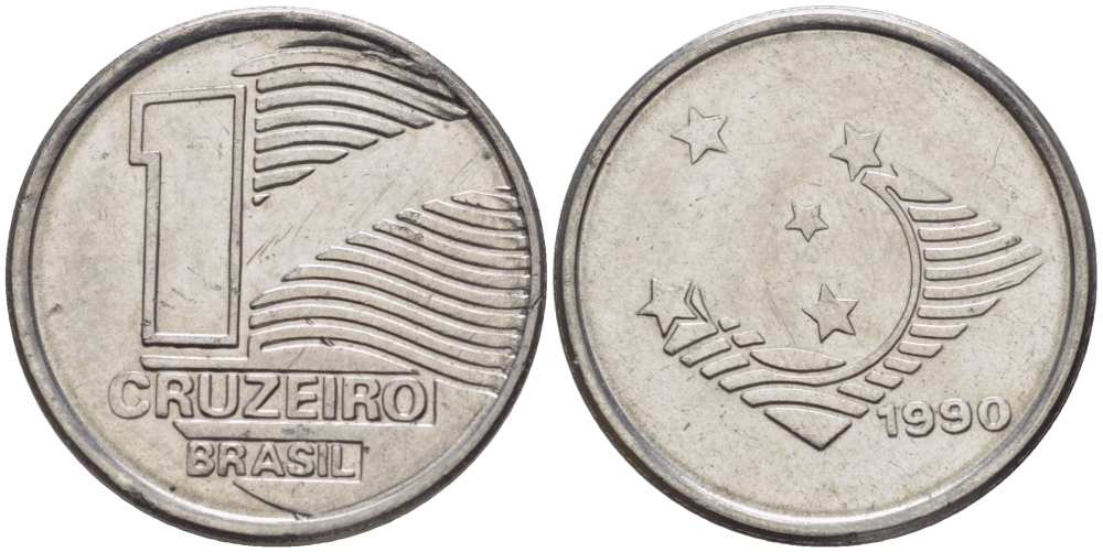 Бразилия 1 крузейро 1990 KM 617 нержавеющая сталь 201-765