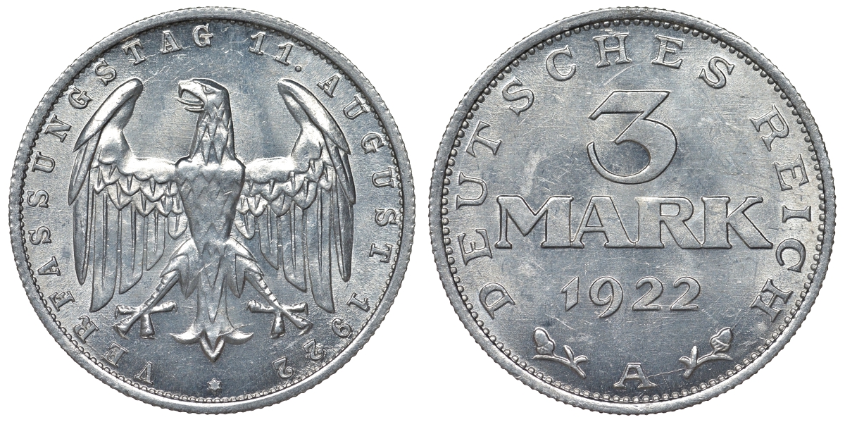Германия 3 марки 1922 A, третья годовщина Веймарской Конституции KM 29, J. 303 алюминий 4123-223