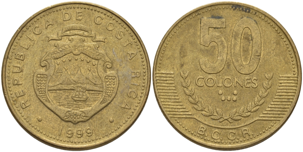 КОСТА-РИКА 50 КОЛОН 1999 KM 231.1 латунь 82-214