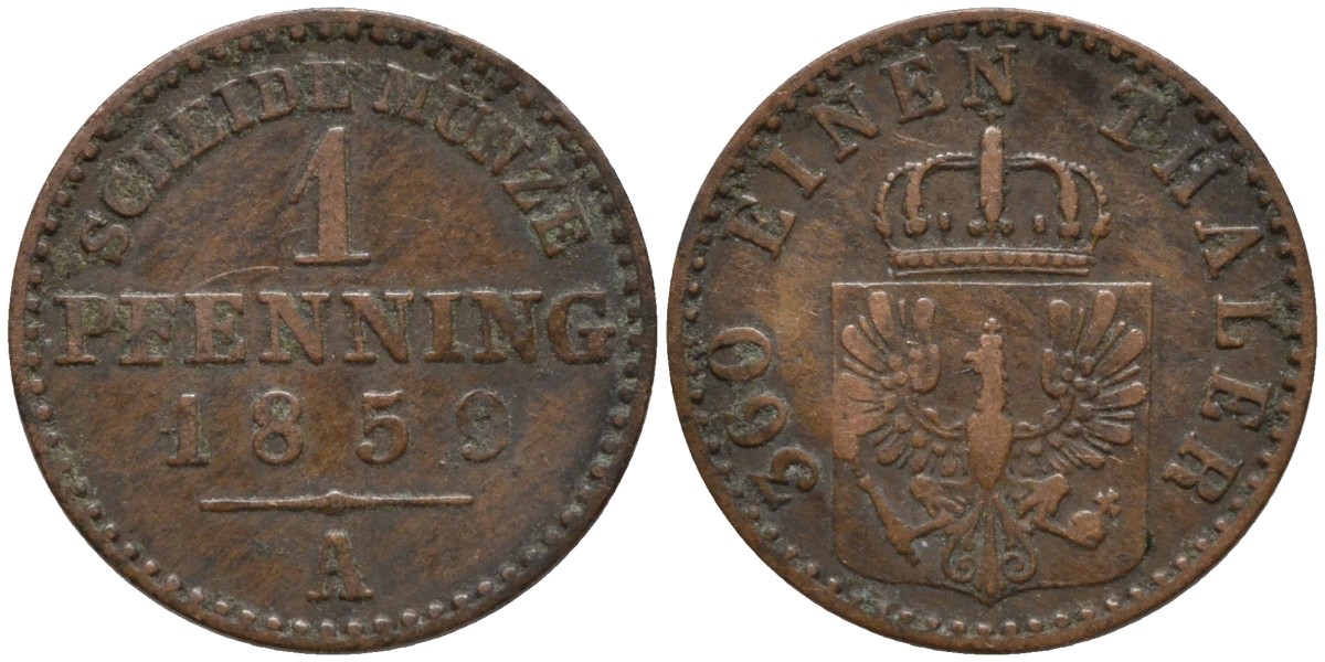 Пруссия 1 пфенниг 1859 A, Фридрих Вильгельм IV (1840-1861) KM 451 медь 4549-518