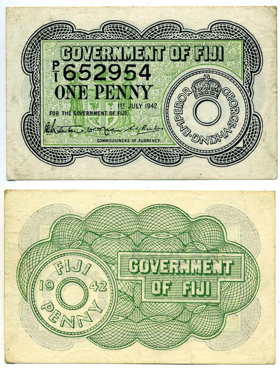 Фиджи 1 пенни 1942 1 июля 1942 Pick 47а бумага XF+ 451-450-1