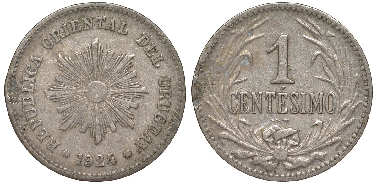 Уругвай 1 сентесимо 1924 KM 19 медно-никель 4169-646