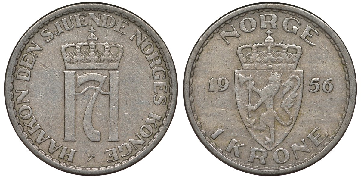 Норвегия 1 крона 1956 Хокон VII (1905-1957) KM 397 медно-никель 4128-1216