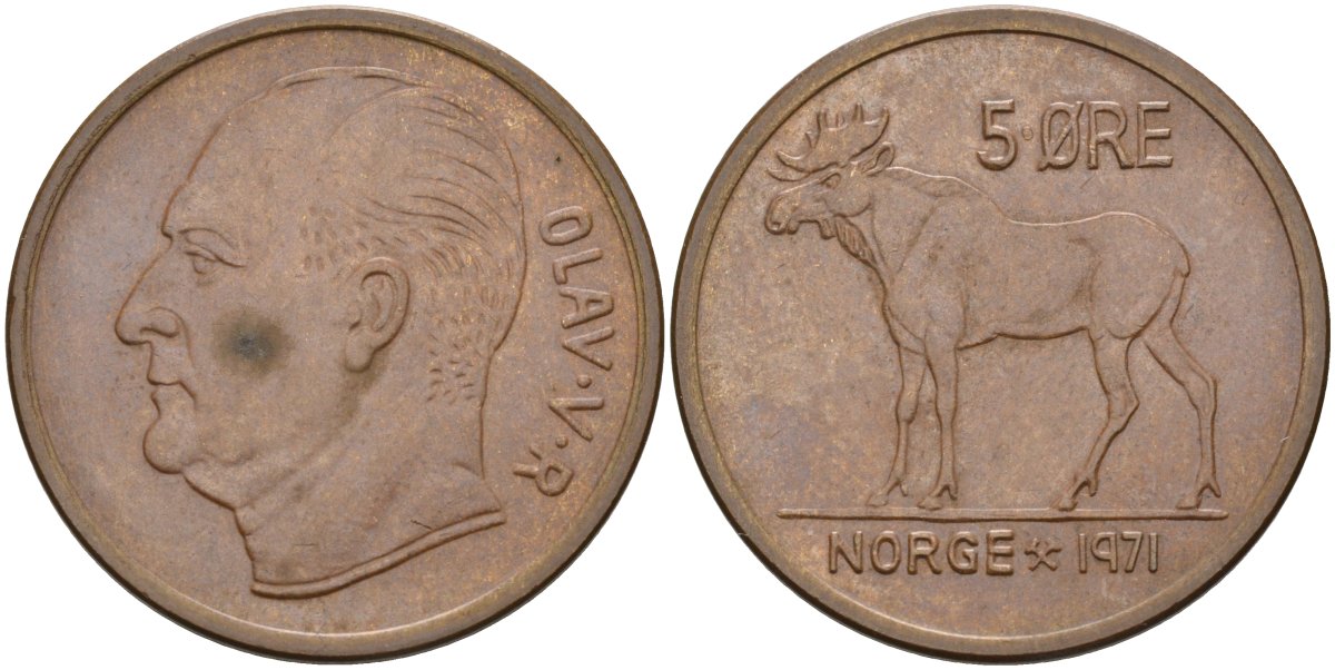 Норвегия 5 эре 1971 лось, Улаф V (1958-1991) KM 405 бронза aUNC 4111-526