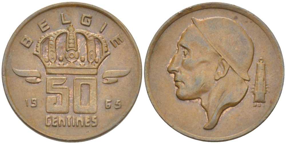 БЕЛЬГИЯ 50 САНТИМОВ 1965 BELGIE, БОДУЭН I (1951-1993) KM 149.1 бронза 206-145