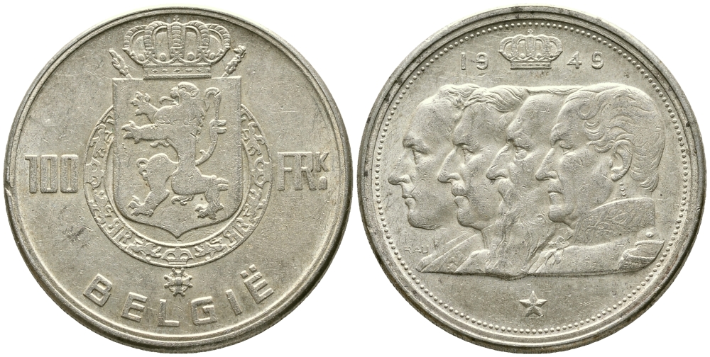 Бельгия 100 франков 1949 Belgie, королевская династия KM 139.1 серебро 1526-1323