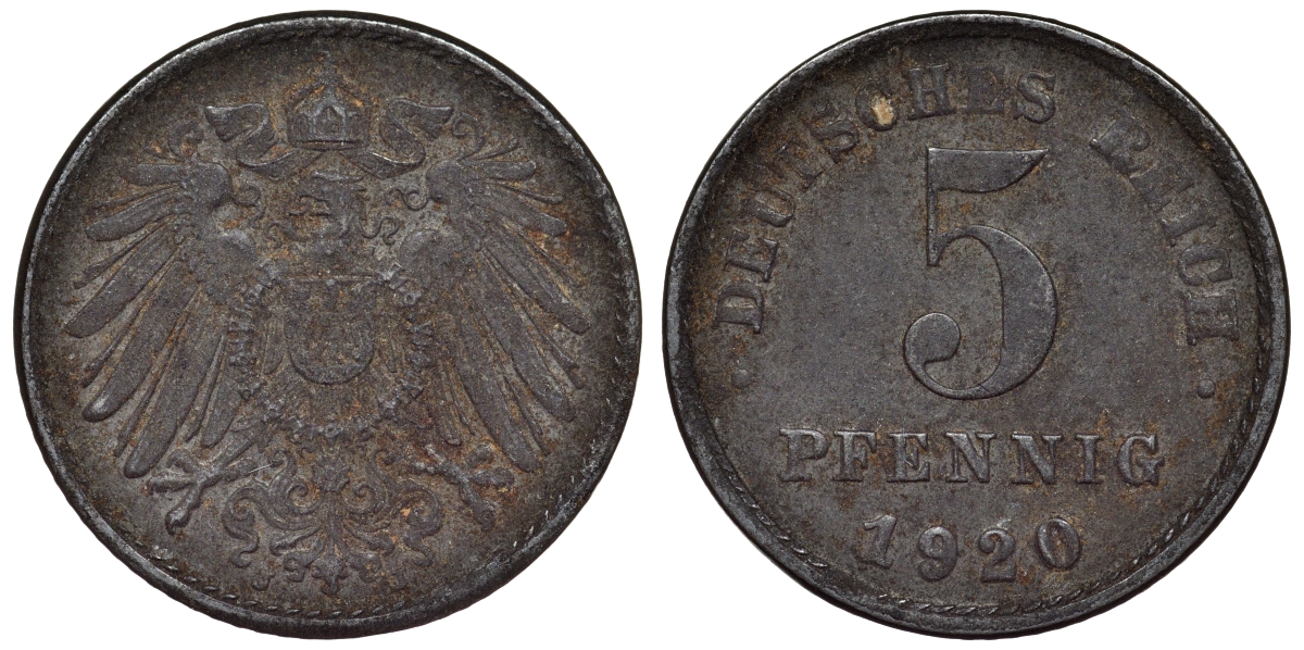 Германия 5 пфеннигов 1920 J KM 19, J. 297, Weege 5 железо 4118-1214