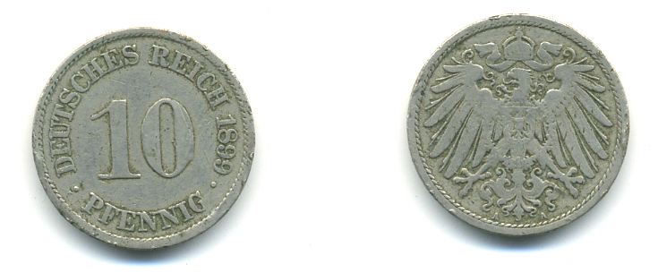 ГЕРМАНИЯ 10 ПФЕННИГОВ 1899 A KM 12, J. 13 медно-никель 83-144