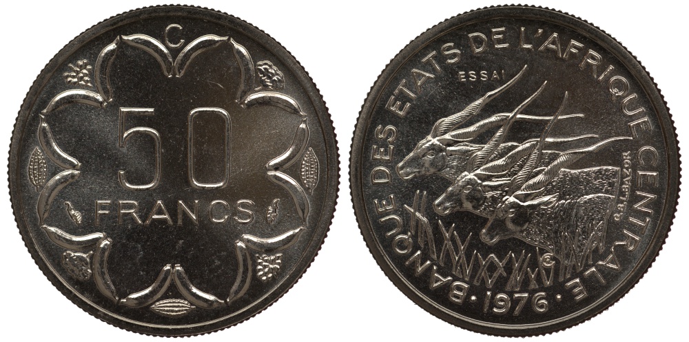 Центрально-Африканские штаты 50 франков 1976 пробник, ESSAI KM E8 никель UNC 5010-232
