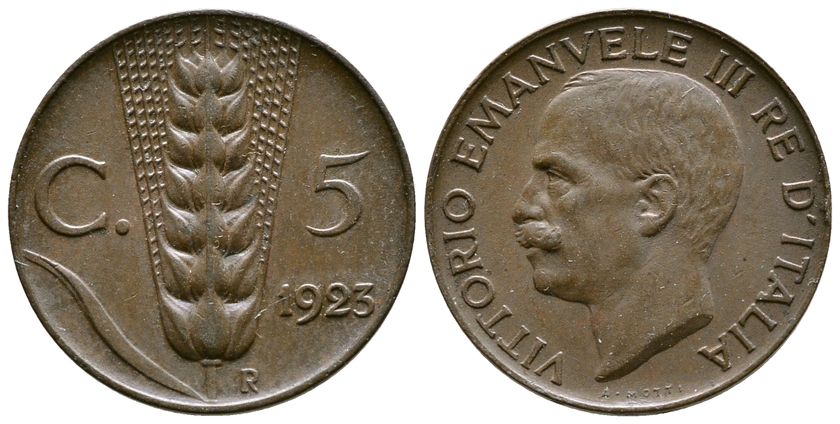 ИТАЛИЯ 5 ЧЕНТЕЗИМО 1923 R, ВИКТОР ИМАНУИЛ III KM 59 медь 4381-554
