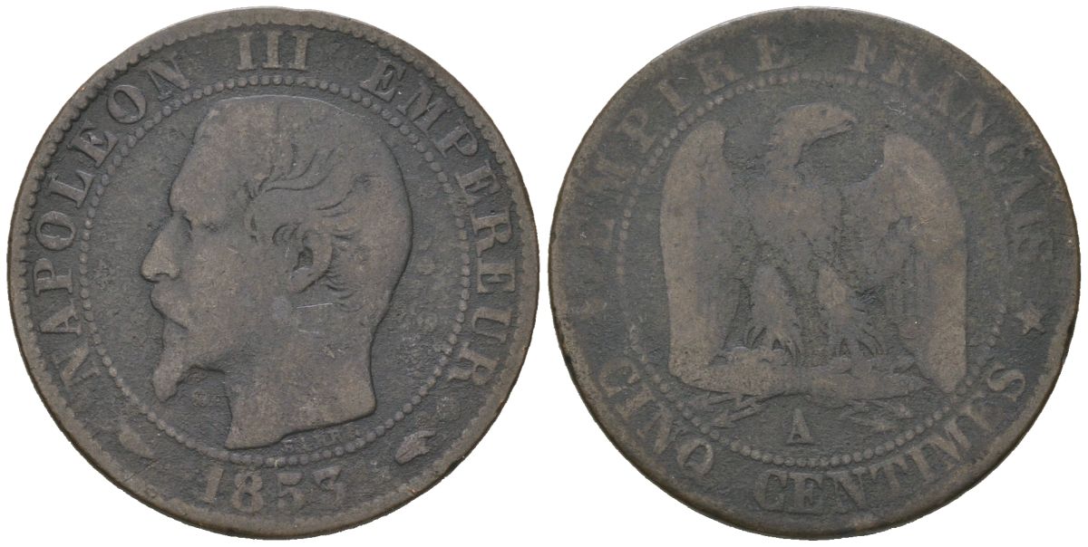Франция 5 сантимов 1853 A, Наполеон III (1852-1870) KM 777.1 бронза 4582-1237
