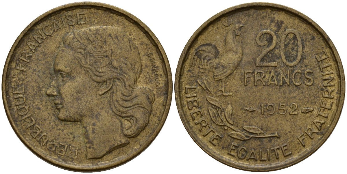 Франция 20 франков 1952 B, Петух KM 917.1 алюминиевая бронза 4159-936