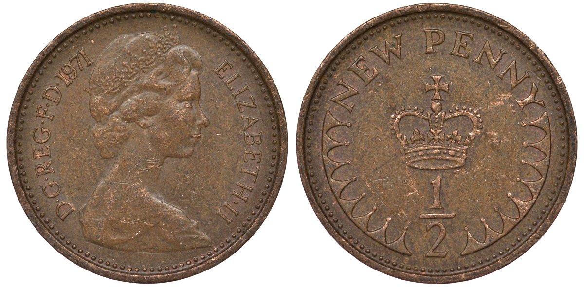 Великобритания 1/2 пенни 1971 Елизавета II (1952-2022) KM 914, Spink 4239 бронза 4124-558