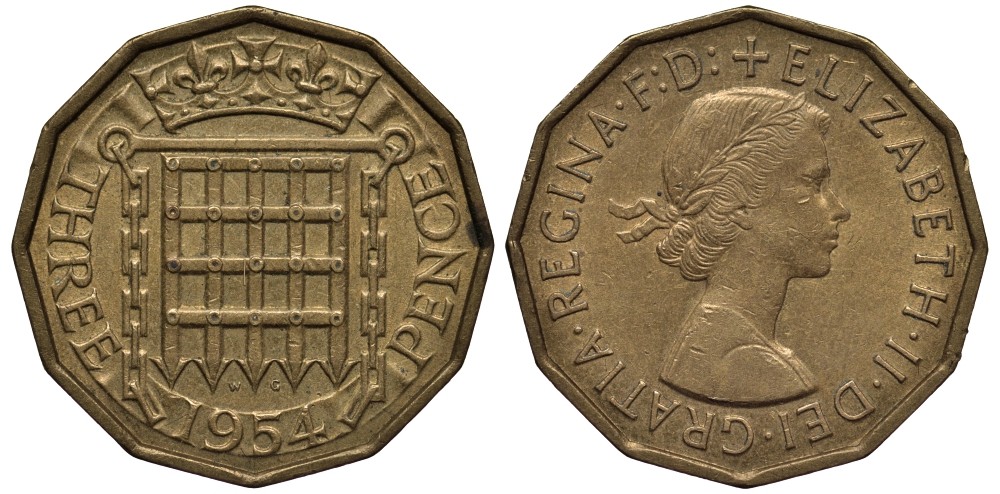 Великобритания 3 пенса 1954 Елизавета II (1952-2022) KM 900, Spink 4153 никель латунь 4538-1126
