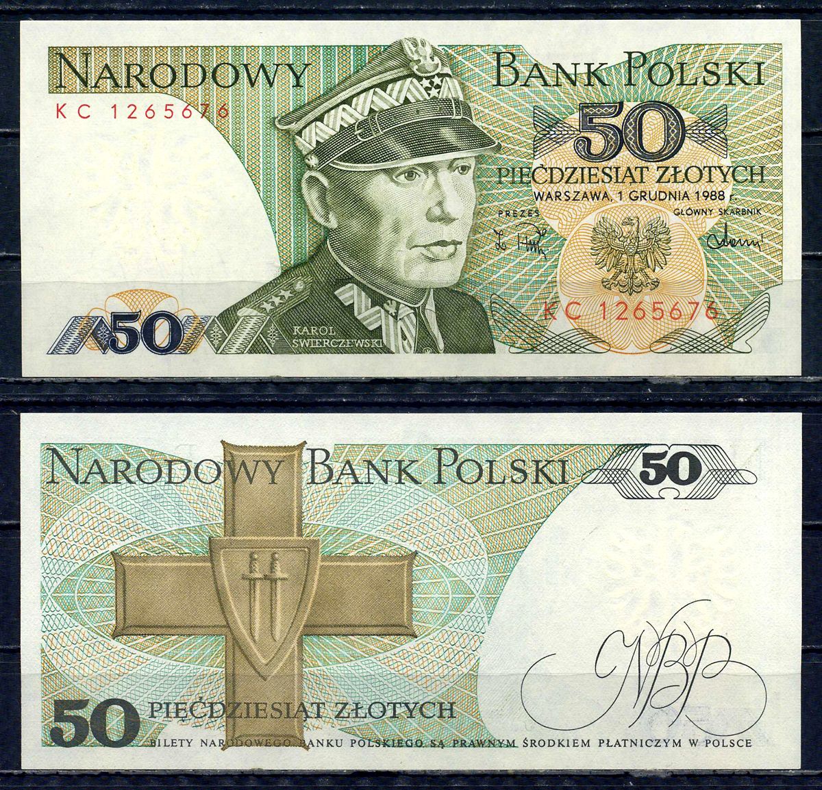 Польша 50 злотых 1988 Кароль Сверчевский, знак Грюнвальдского ордена Pick 142 c бумага UNC (пресс) 6317-5-1-2